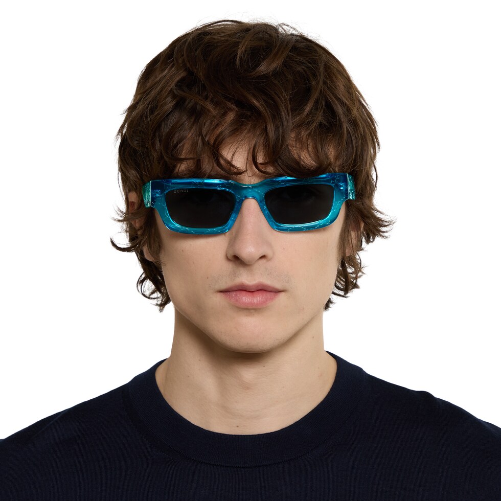 (。・н・ Rectangular frame sunglasses in light blue | GUCCI® US
