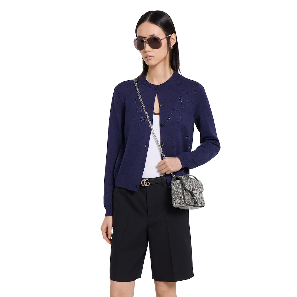 GUCCI バッグ GG Marmont crystals small shoulder bag in grey nubuck leather