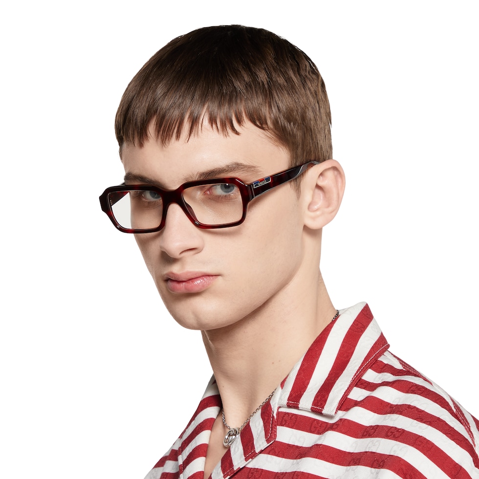 Rectangular frame sunglasses in red and black tortoiseshell
