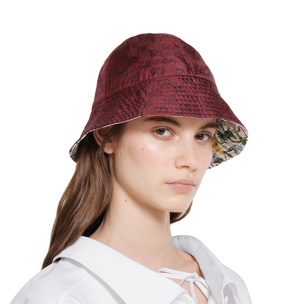 Reversible printed silk bucket hat in white | GUCCI® US
