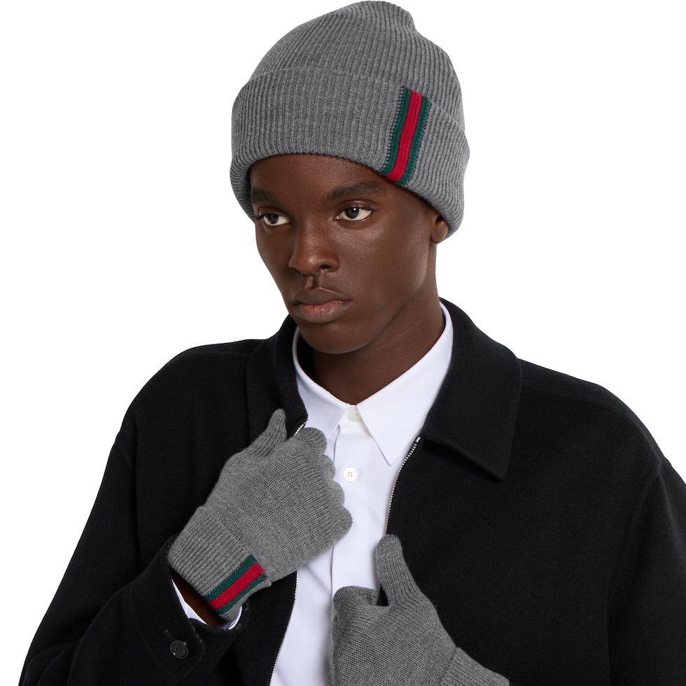 専用GUCCI Wool Beanie Hat w/Interclocking Wool hat with Web in grey | GUCCI® US