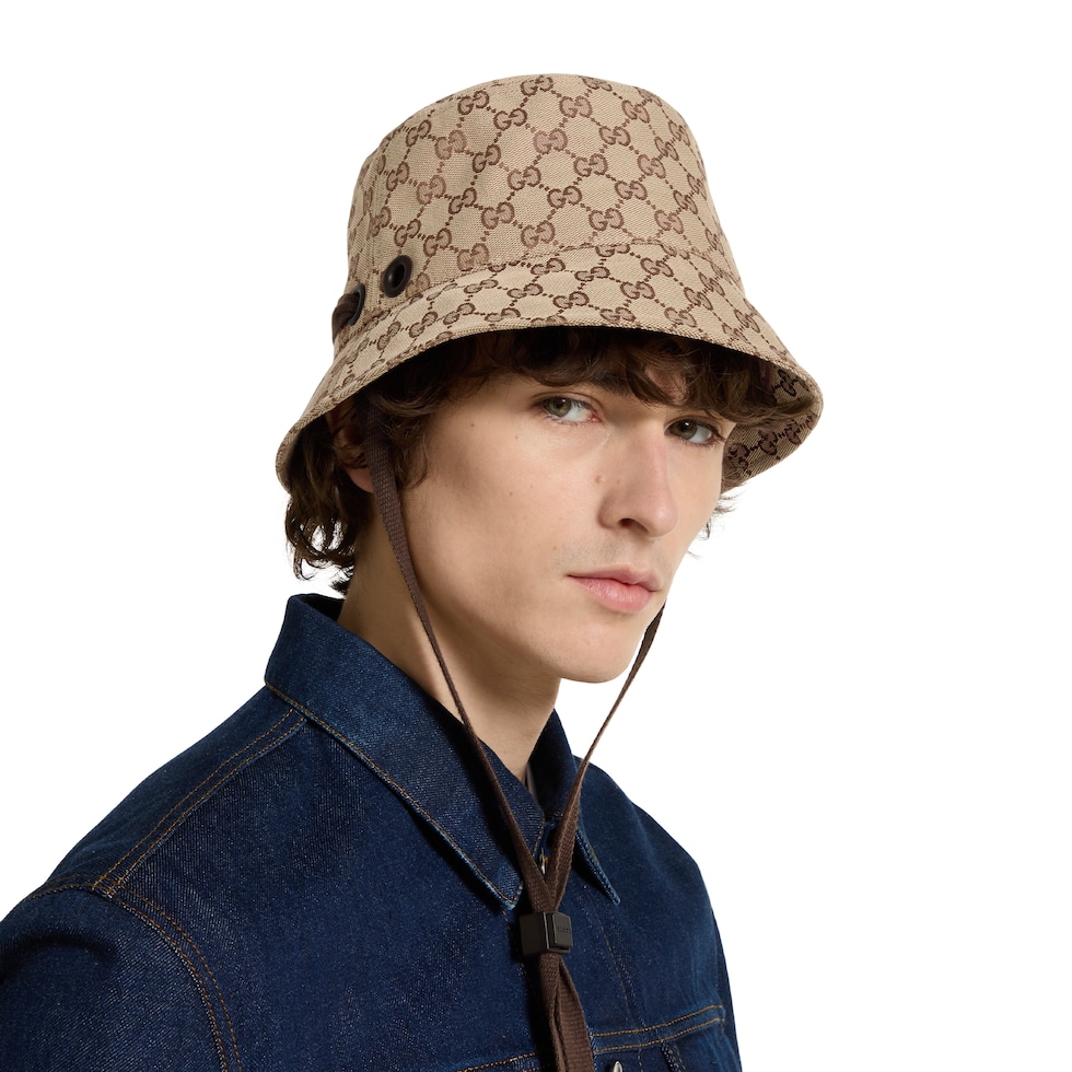 GG canvas bucket hat with tie in beige and dark brown