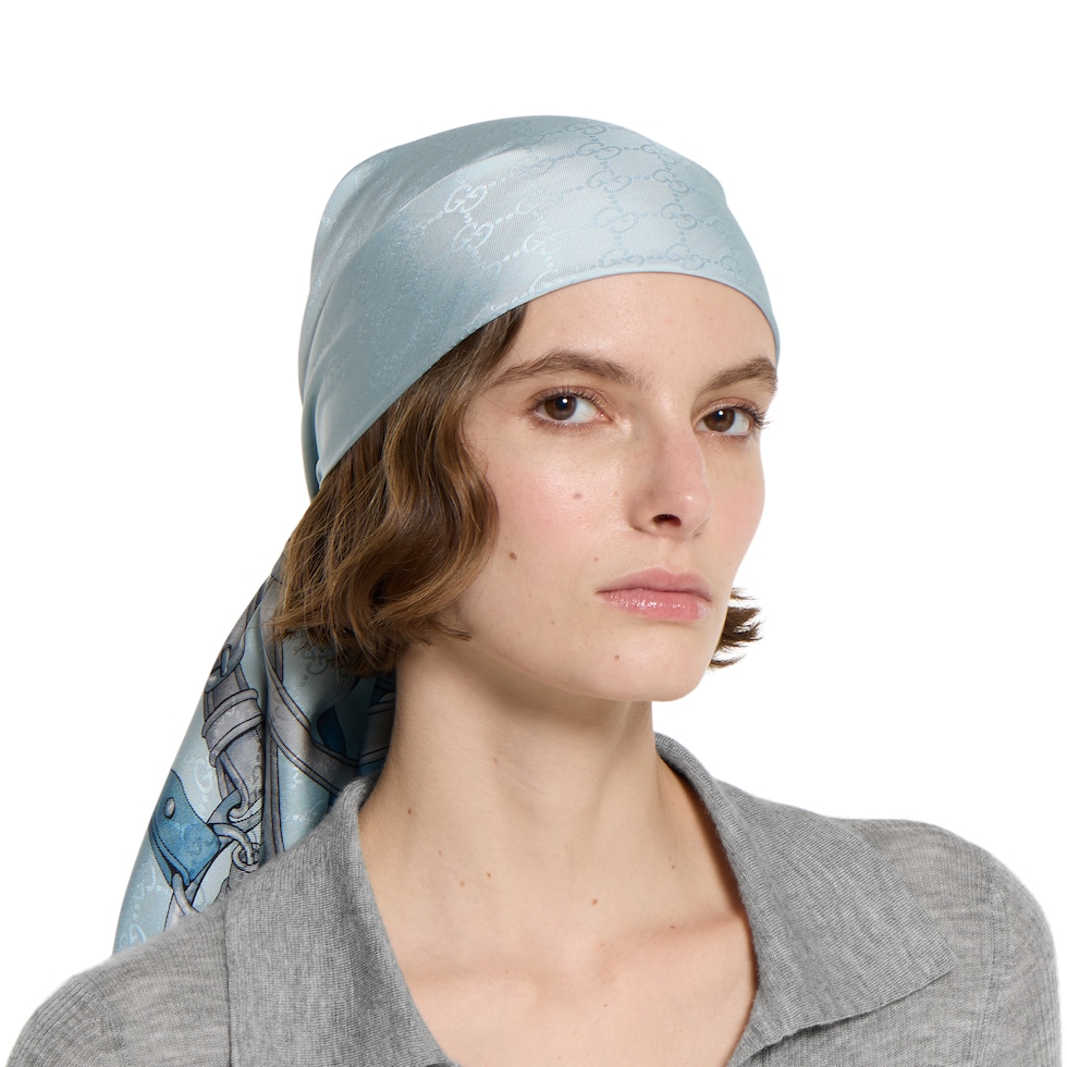 Printed GG silk jacquard carré in light blue | GUCCI® SG