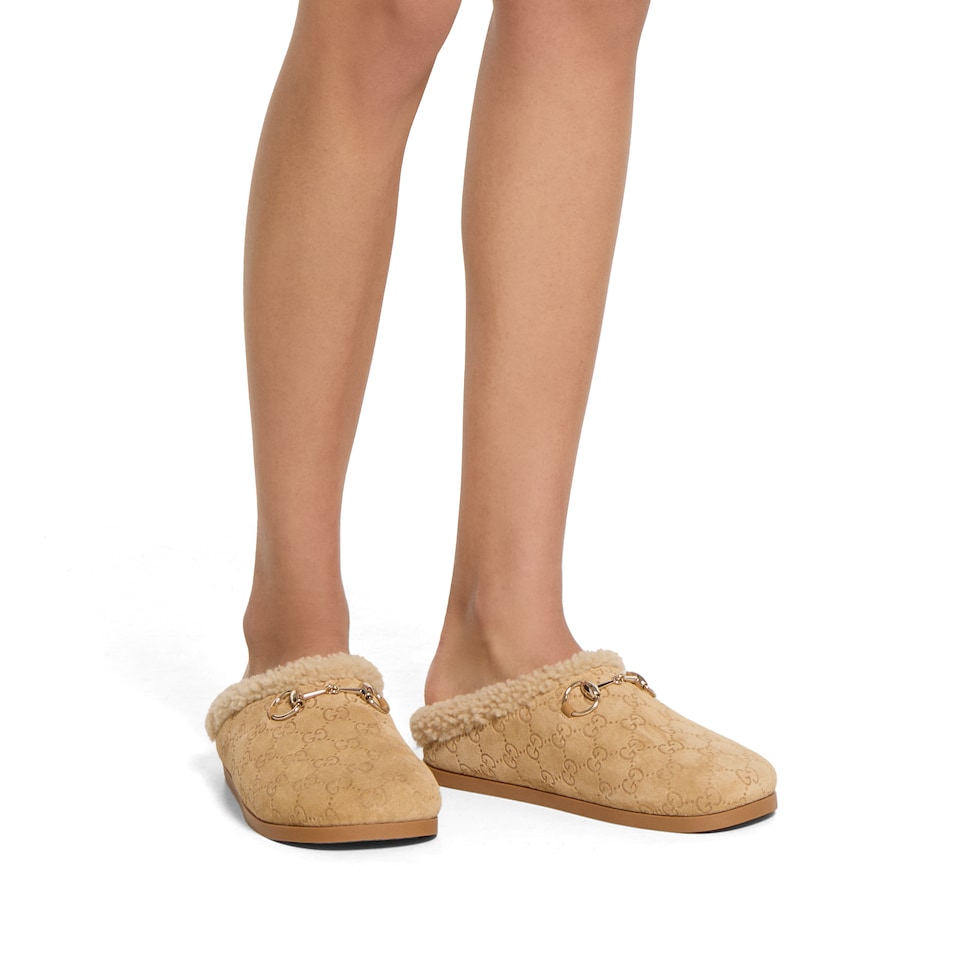 Women's mule with Horsebit in beige GG suede | GUCCI® CA