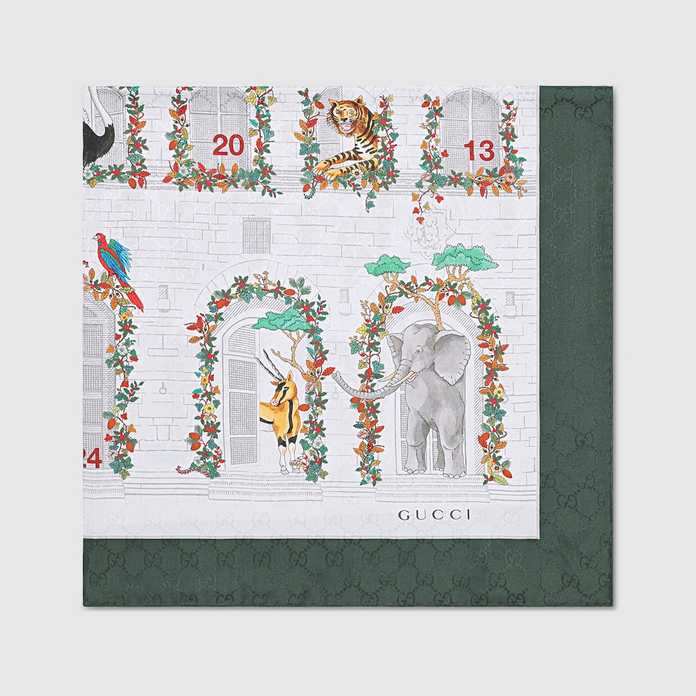 プリント シルクツイル スカーフ ・ダークグレー＆ダークグリーン