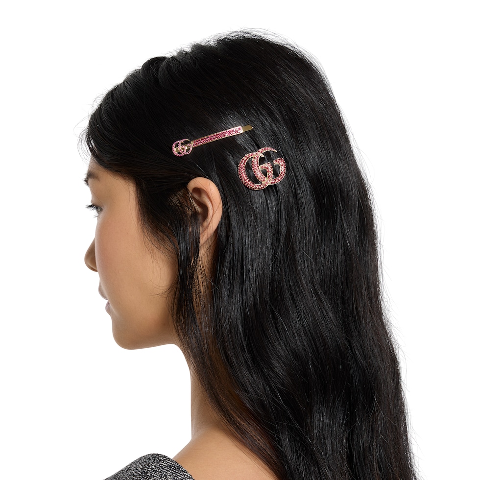 Double G hair slide set with crystals in gold-toned | GUCCI® CA