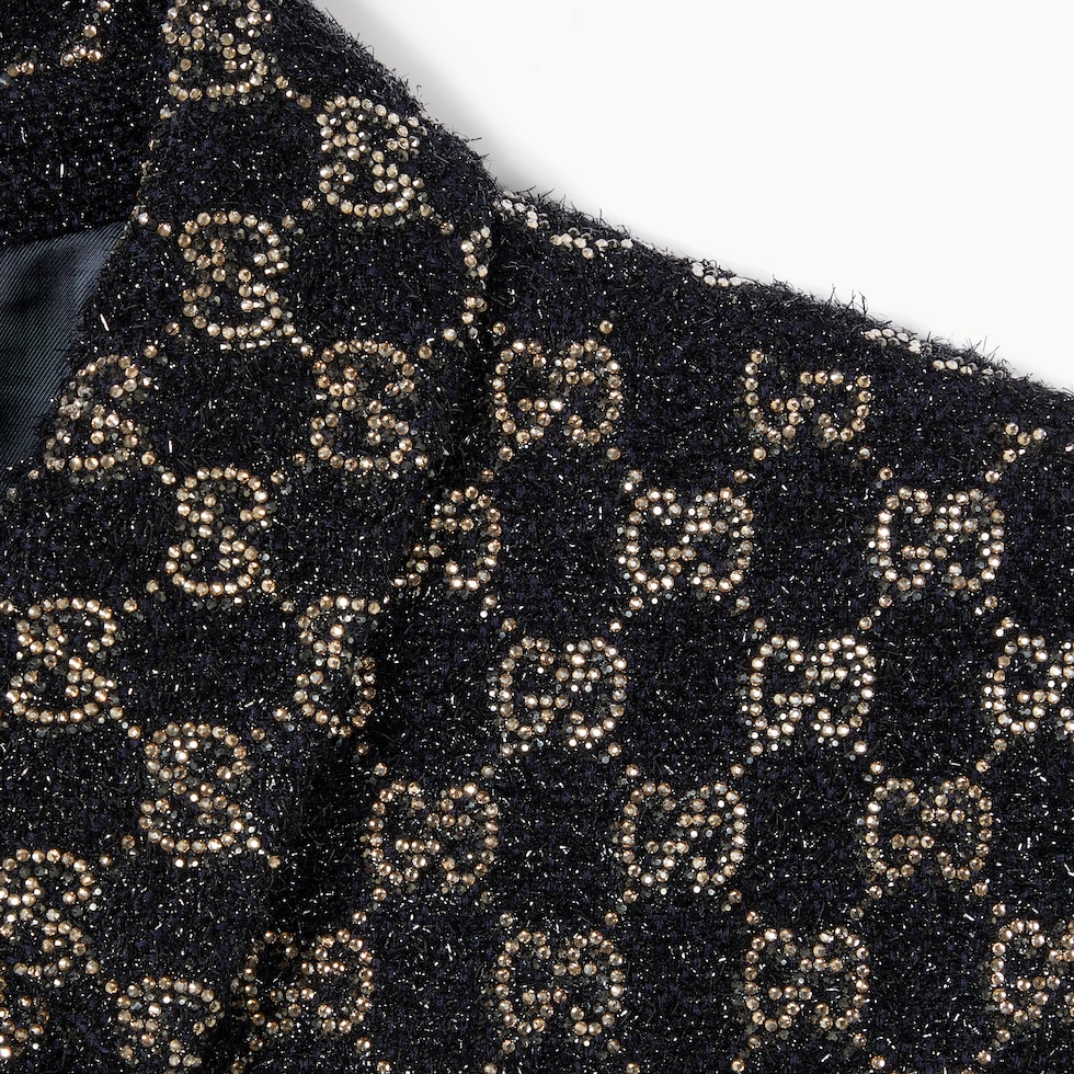 Embroidered wool tweed lamé jacket in navy | GUCCI® US
