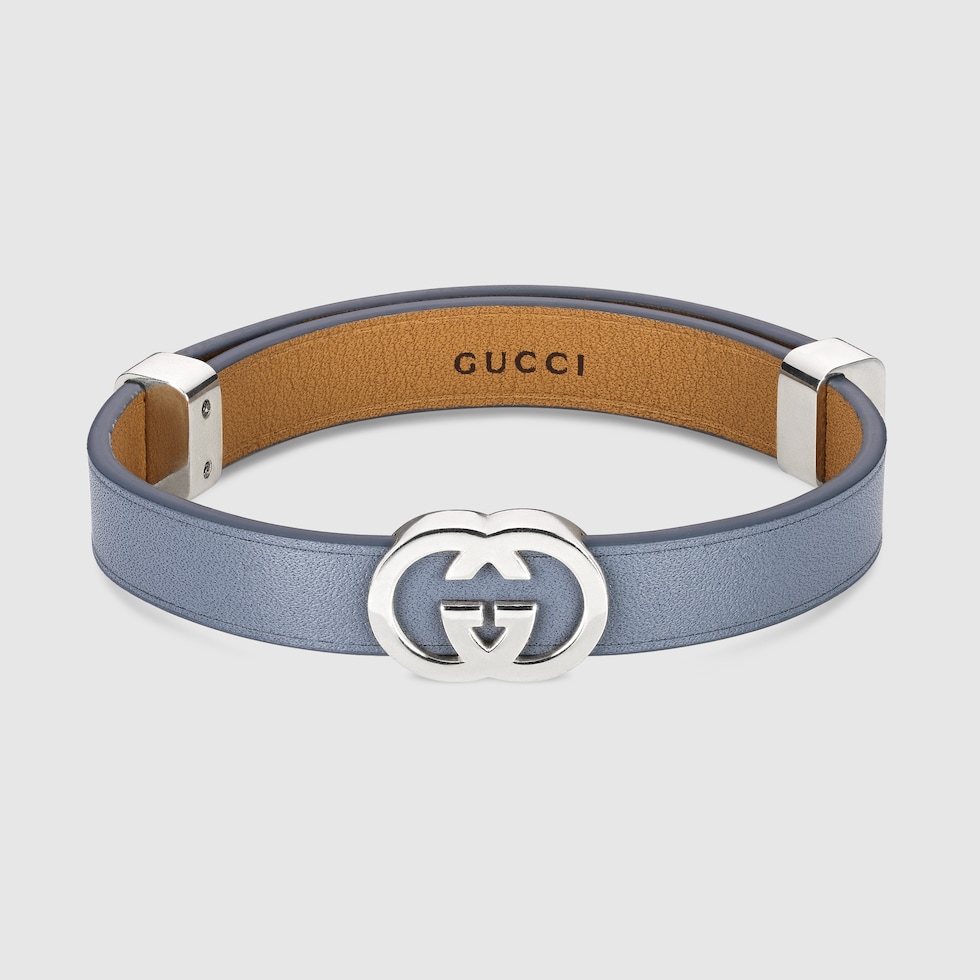 GUCCIレザーブレスレット グッチ インターロッキング〕レザー ブレスレット ・アイシーブルー