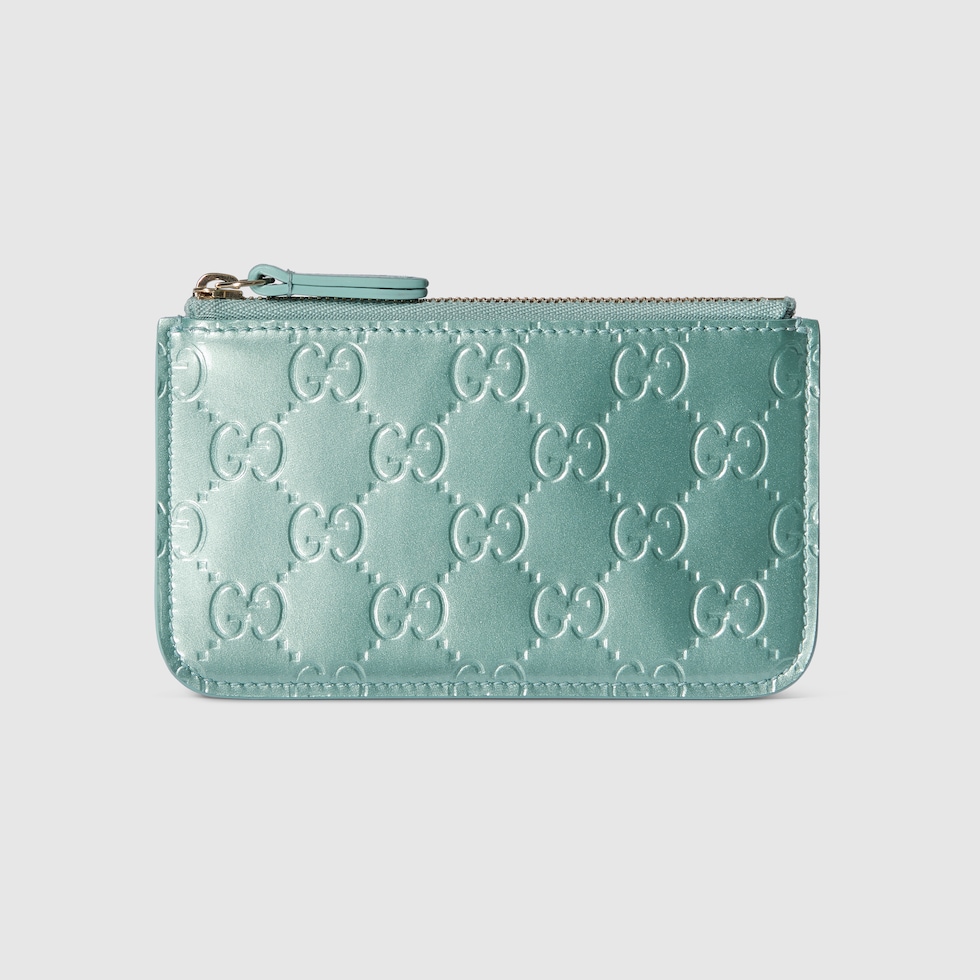 GG Emblem key pouch in light blue GG leather | GUCCI® US