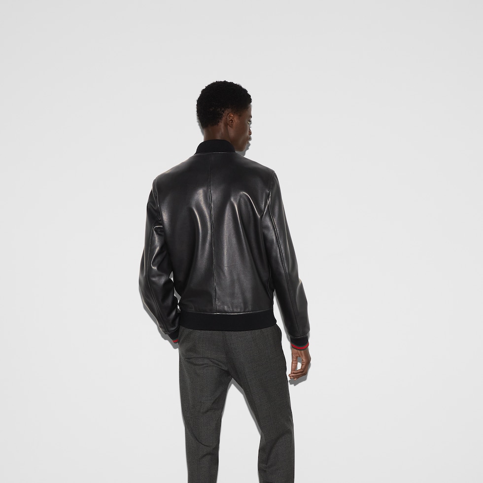 Leather bomber jacket with Web in black | GUCCI® SI