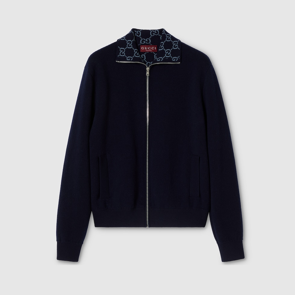 Knit double wool zip jacket in blue | GUCCI® AT