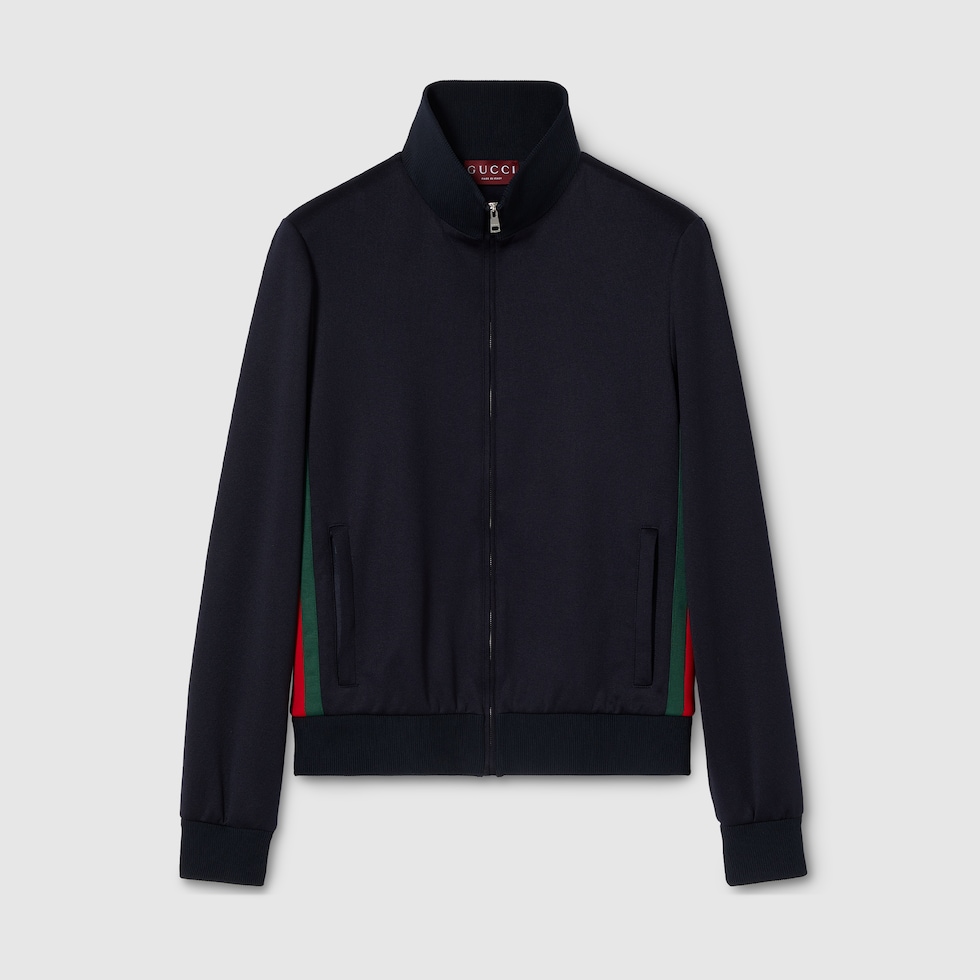 Technical jersey zip jacket with Web in dark blue | GUCCI® US