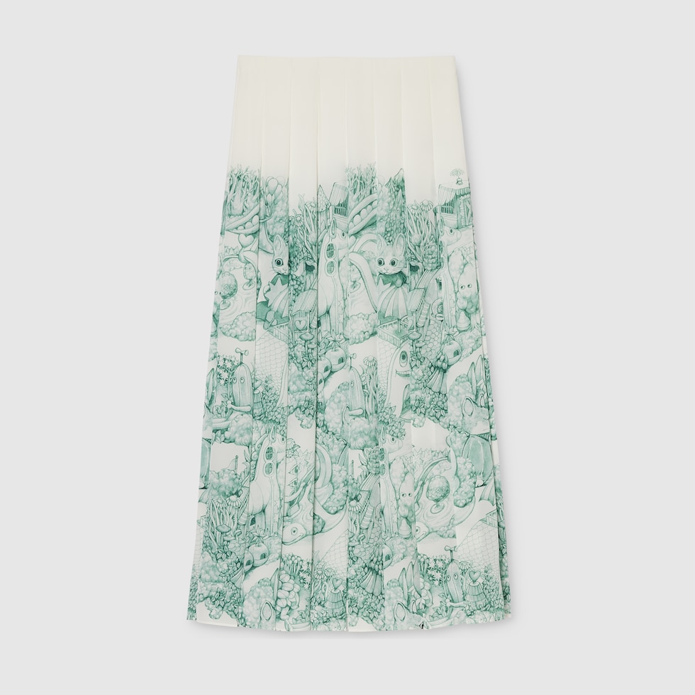日本限定 ヒグチユウコ シルク プリーツスカート ・ホワイト＆グリーン