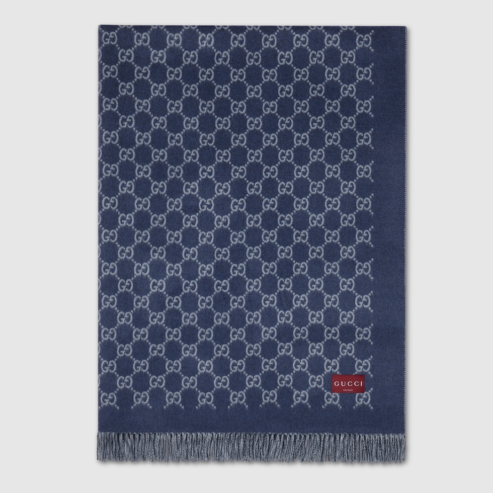 Reversible GG wool cashmere blanket in blue | GUCCI® US
