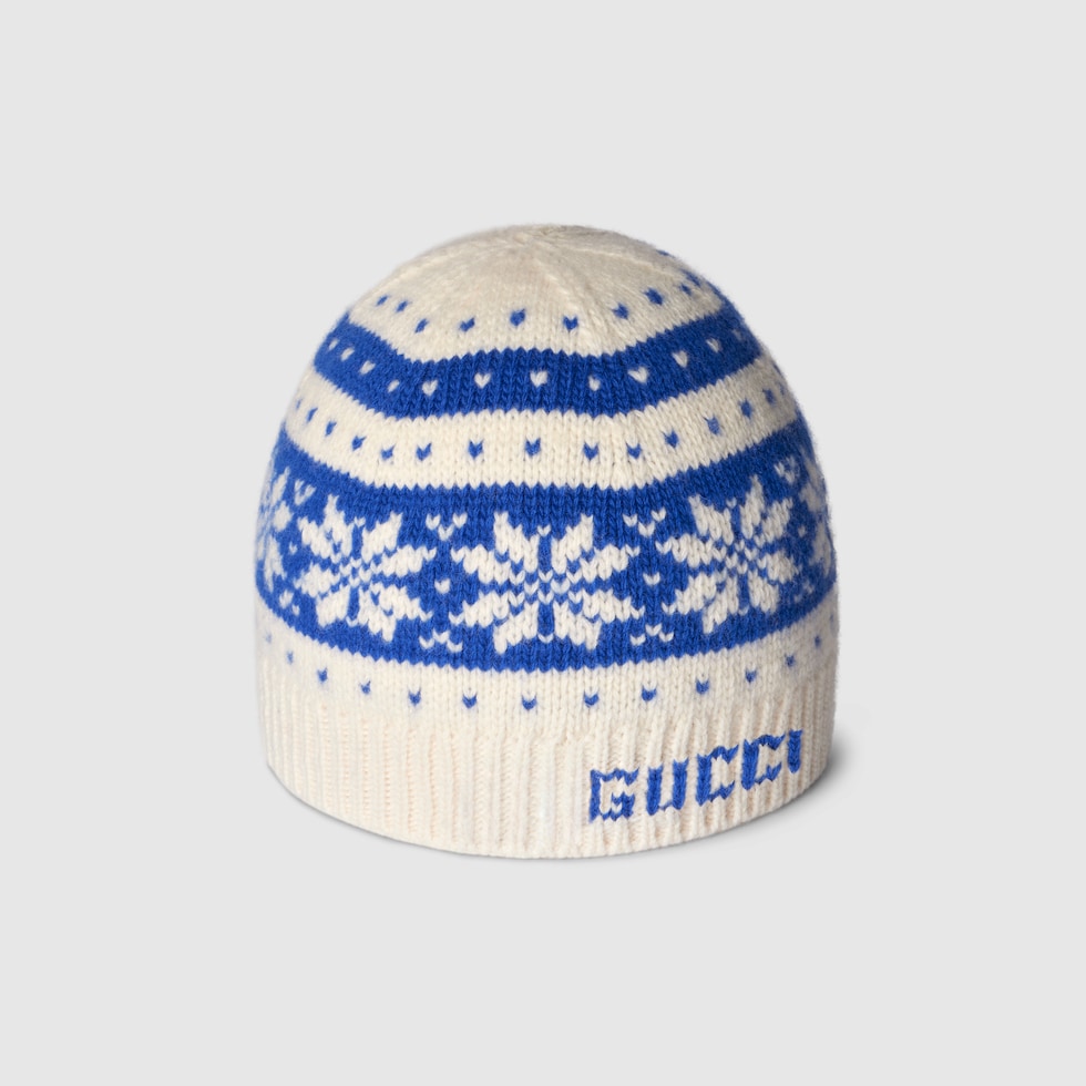 Children's wool hat with Gucci logo in off white and blue | GUCCI® US