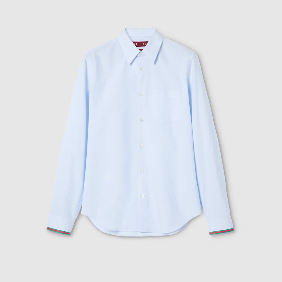 Striped cotton shirt with Web in light blue and white | GUCCI® US