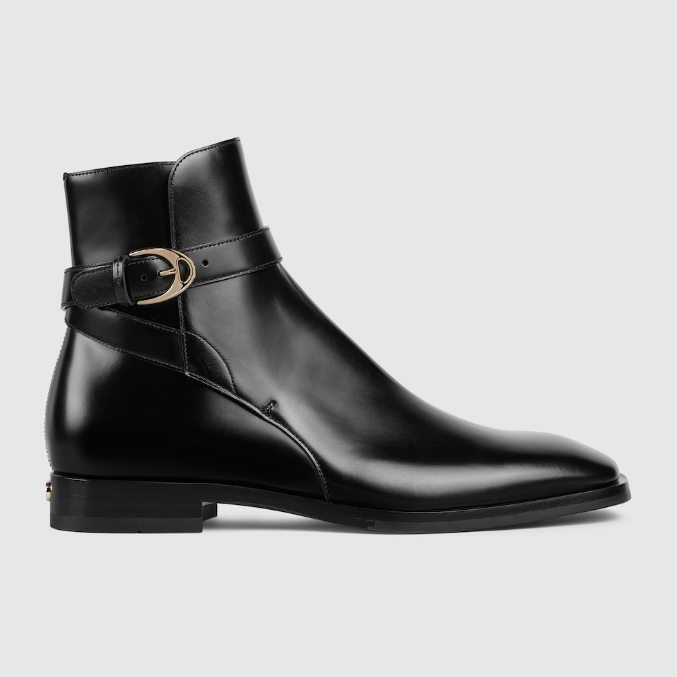 Men's boot with buckle in black leather | GUCCI® US