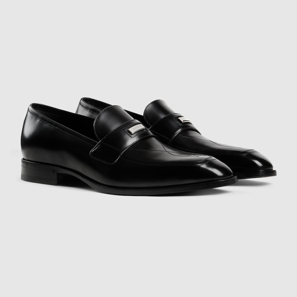 Men's loafer with topstitch in black leather | GUCCI® US