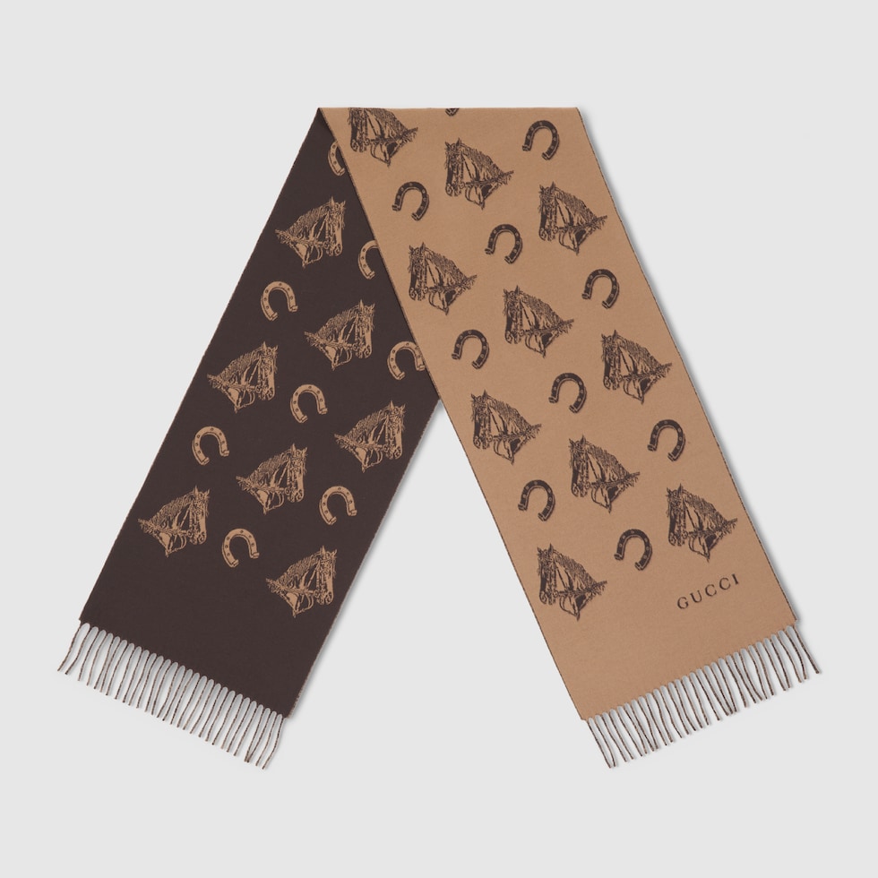 Silk wool equestrian jacquard scarf in camel and light brown