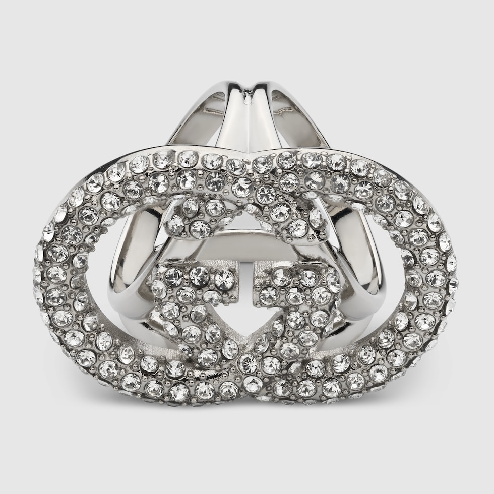 Crystal Interlocking G carré ring in silver-toned | GUCCI® US