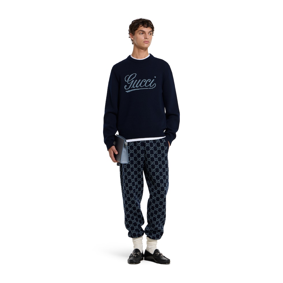 Knit wool sweater with intarsia in dark blue | GUCCI® US