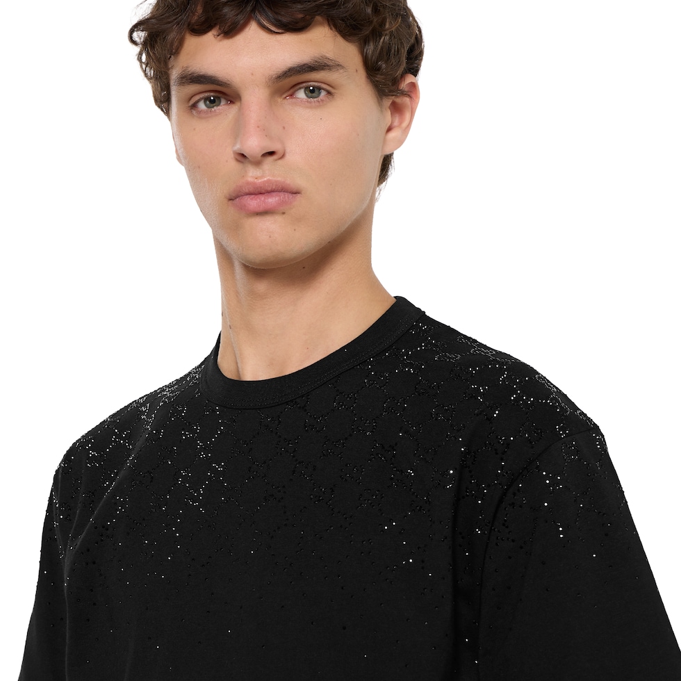 Cotton jersey T-shirt with crystals in black | GUCCI® US