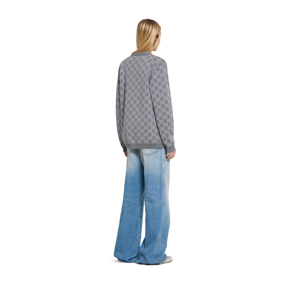 Reversible GG fine wool jacquard cardigan in light pink and grey