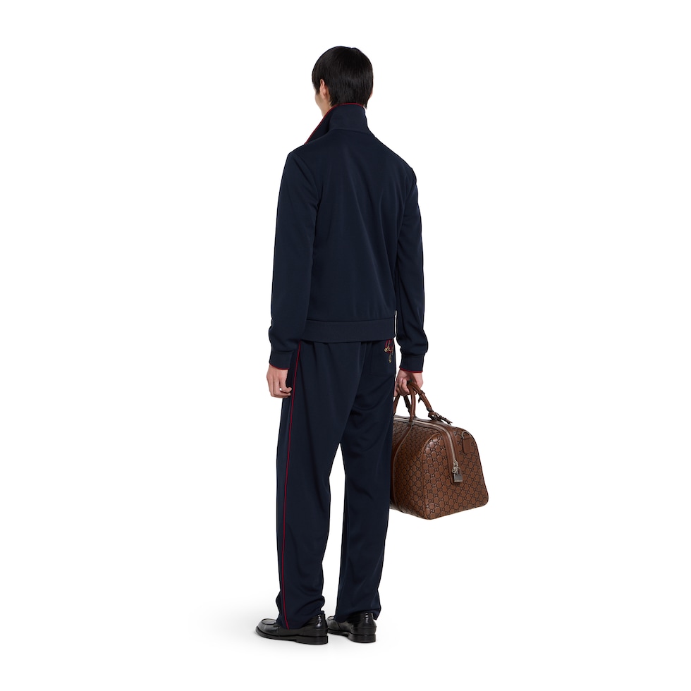 Technical jersey zip jacket with embroidery in dark blue | GUCCI® US