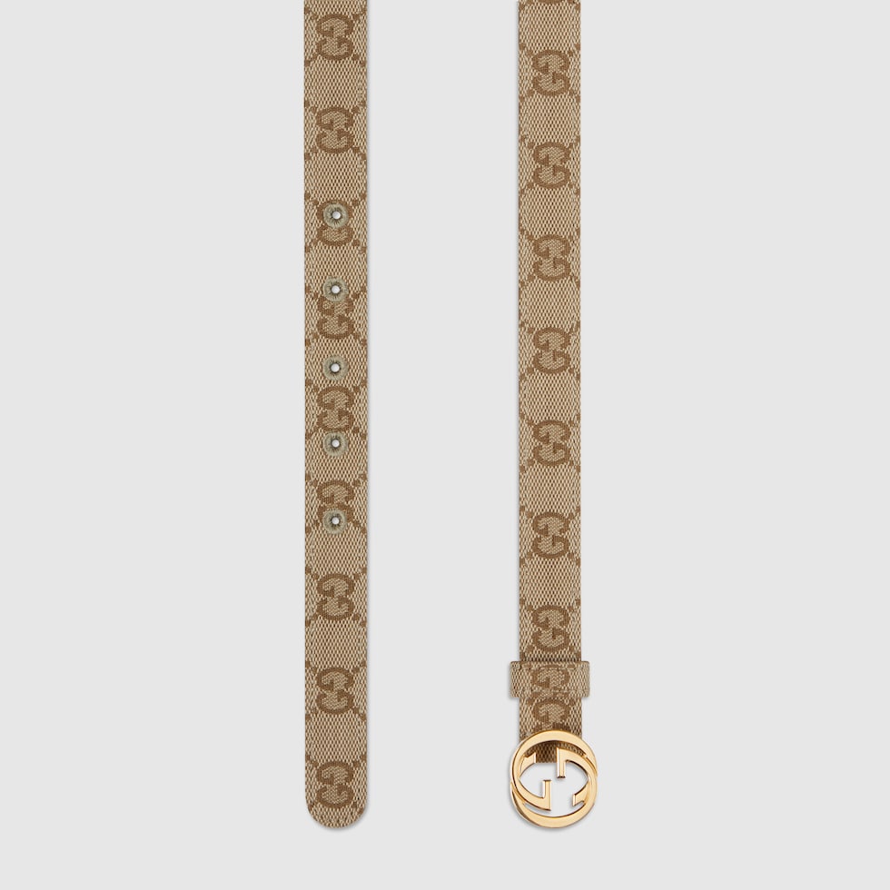 Thin belt with Interlocking G buckle in sand GG canvas | GUCCI® INT