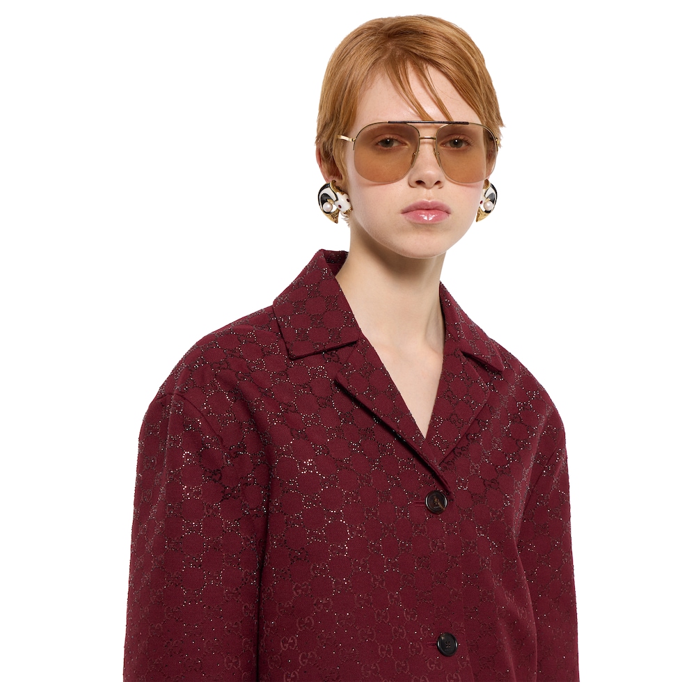 Padded GG canvas jacket with crystals in Gucci Rosso Ancora red