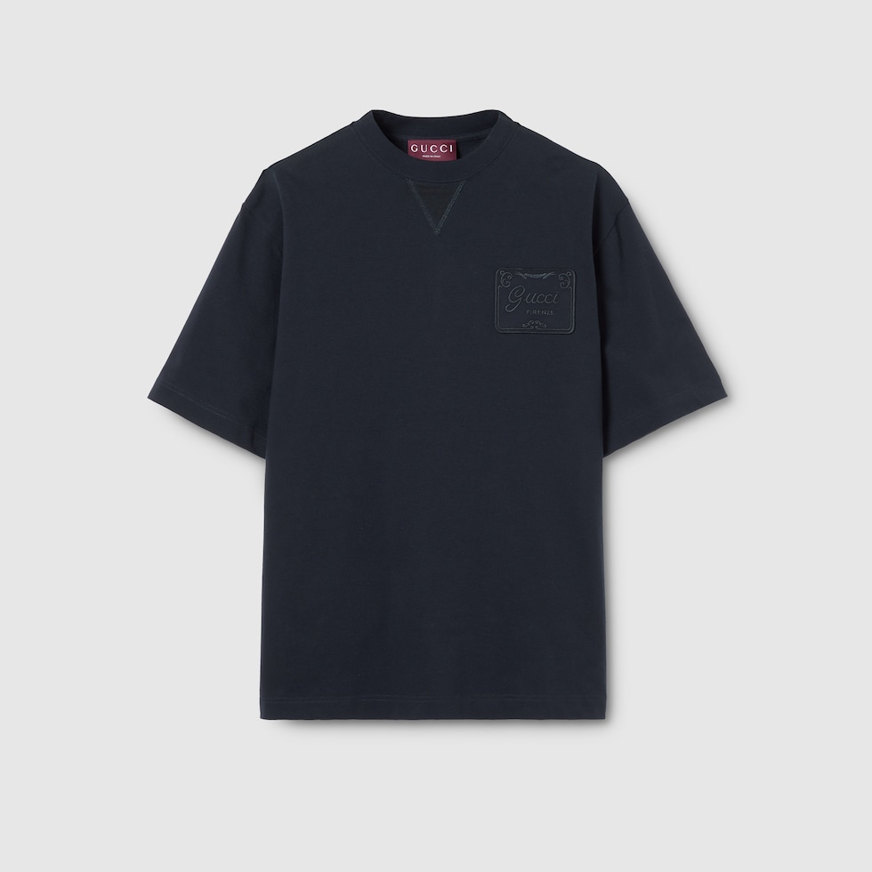 Cotton jersey T-shirt with embroidery in blue | GUCCI® US