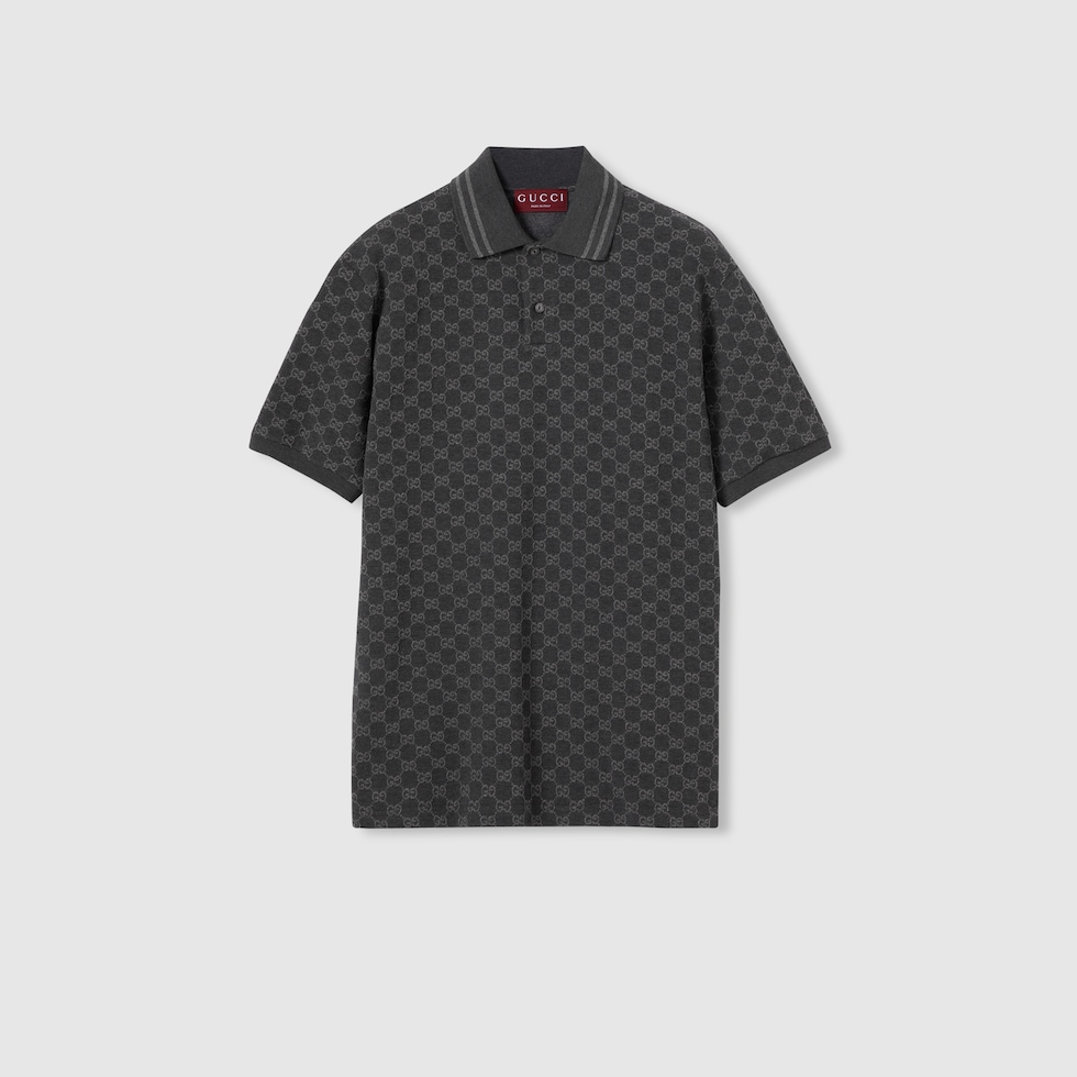 GG cotton piquet jacquard polo shirt in black and grey | GUCCI® SG