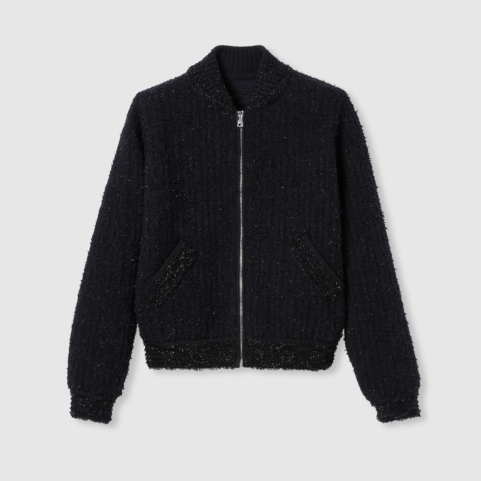 Wool lamé bouclé zip jacket in black | GUCCI® ES