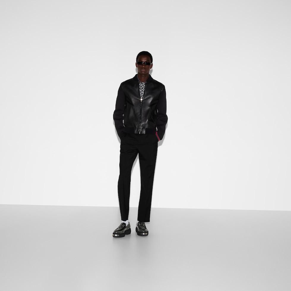 Nappa leather and knit bomber jacket in black | GUCCI® US