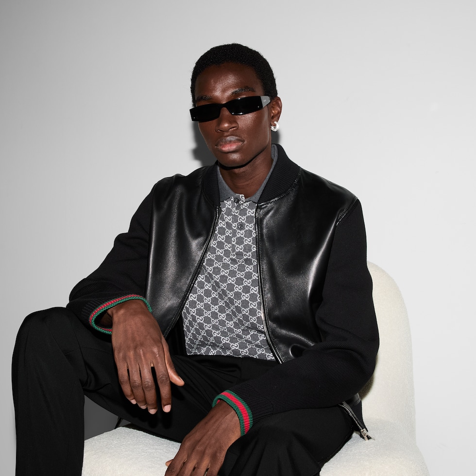 Nappa leather and knit bomber jacket in black | GUCCI® US