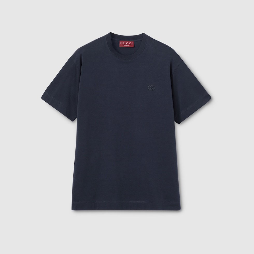 Cotton jersey T-shirt with embroidery in dark blue | GUCCI® US