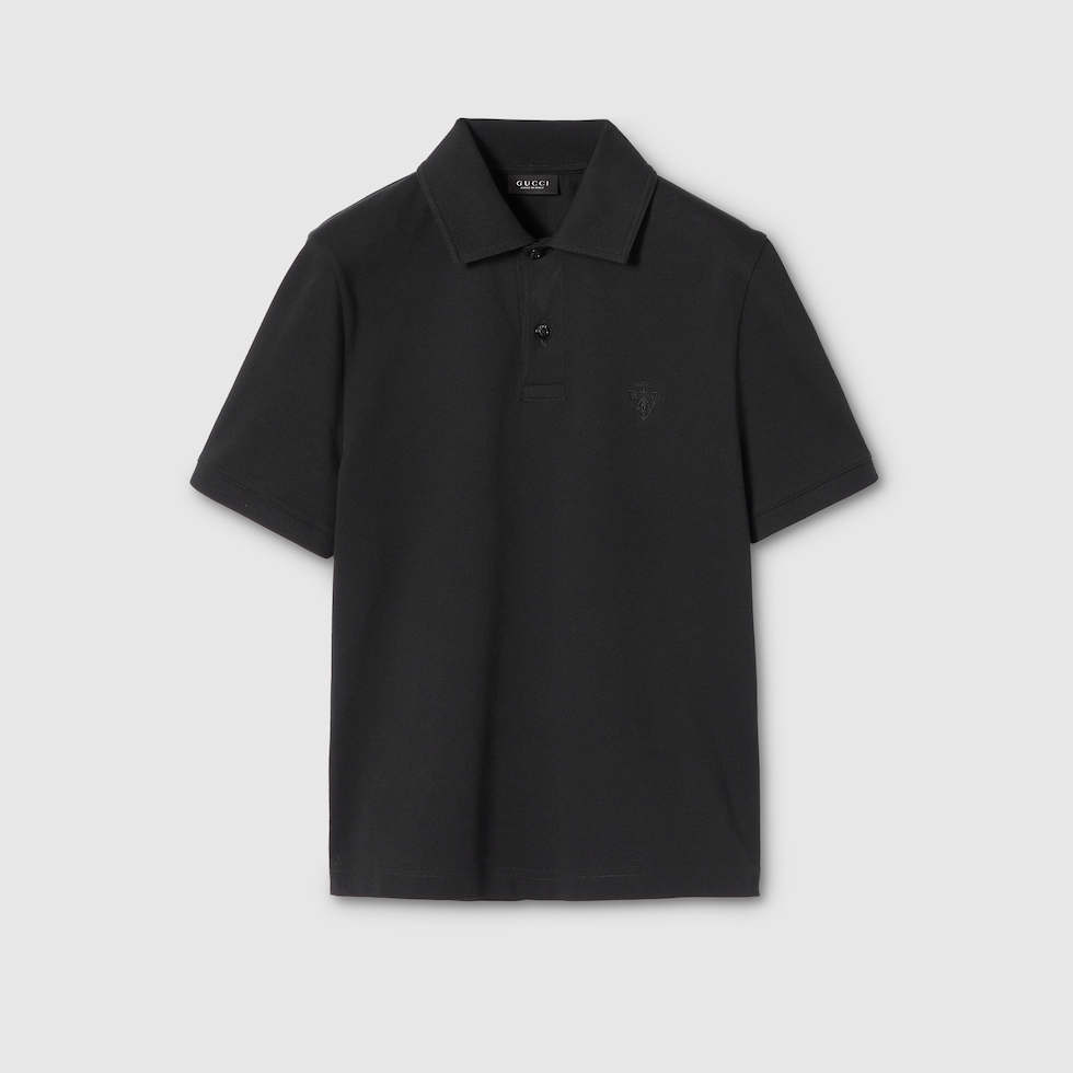 Cotton piquet polo shirt with embroidery in black | GUCCI® US
