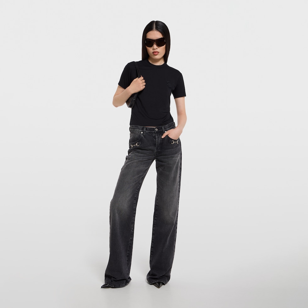 Cotton denim pants with Horsebit in dark grey | GUCCI® US