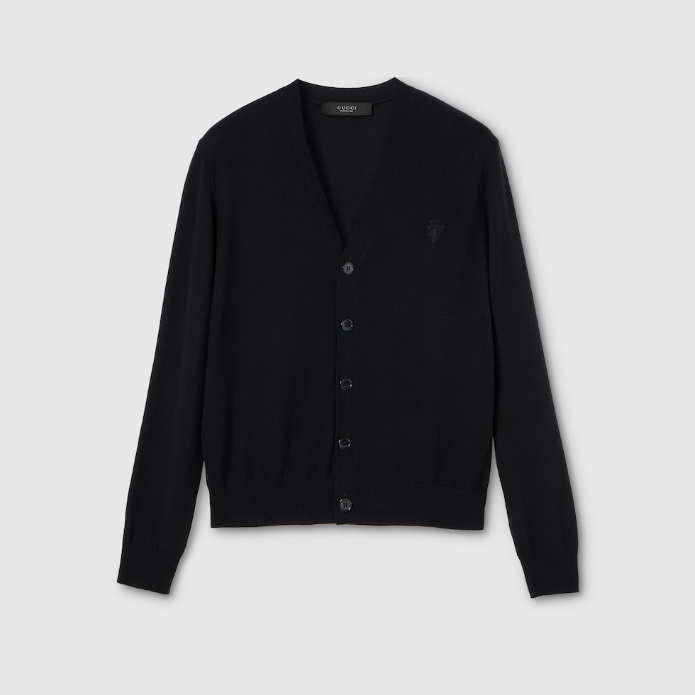 GUCCI ブラック ♡メンズ♡Vネック カーディガン Knit wool cardigan with embroidery in black | GUCCI® US