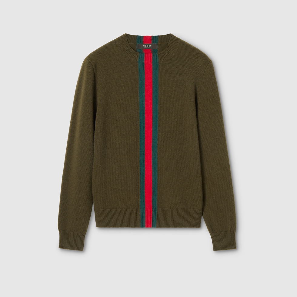 Knit wool sweater with Web intarsia in dark green | GUCCI® US