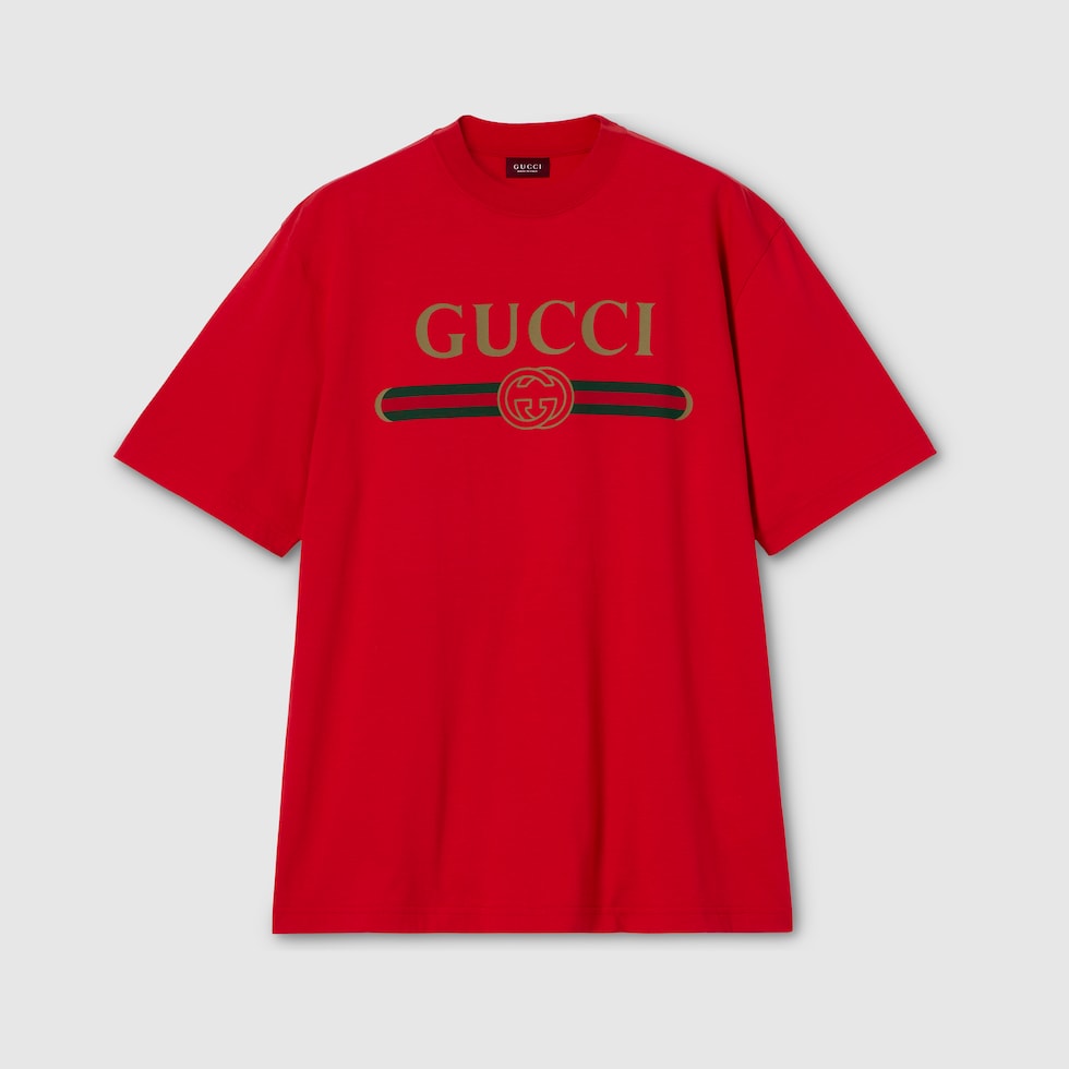 Silk blend jersey T-shirt with print in red | GUCCI® CA