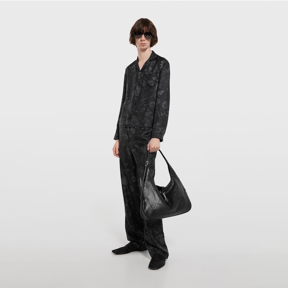 Printed silk twill bowling shirt in black and grey | GUCCI® US