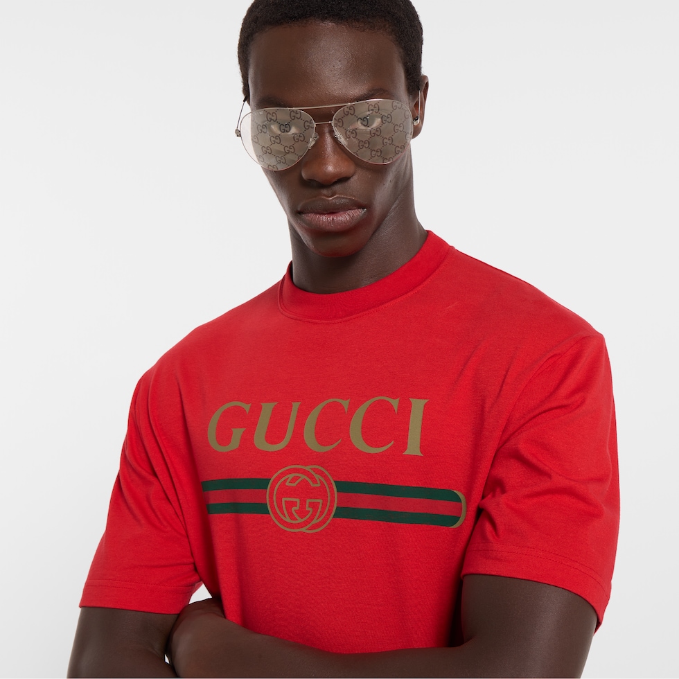 Silk blend jersey T-shirt with print in red | GUCCI® ZA