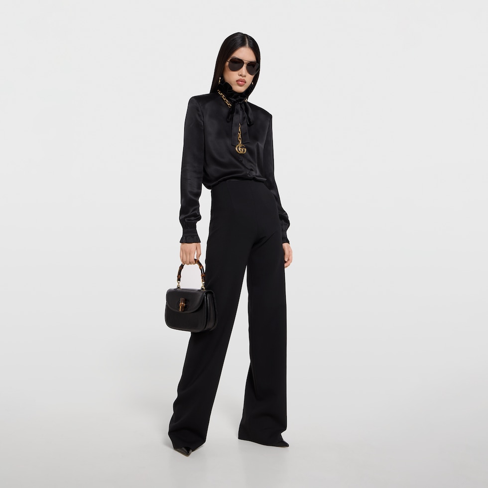 Silk satin shirt with bow in black | GUCCI® US