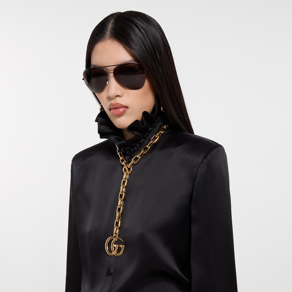 ボウ付き シルクサテン シャツ ・ブラック GGキャンバス | GUCCI公式