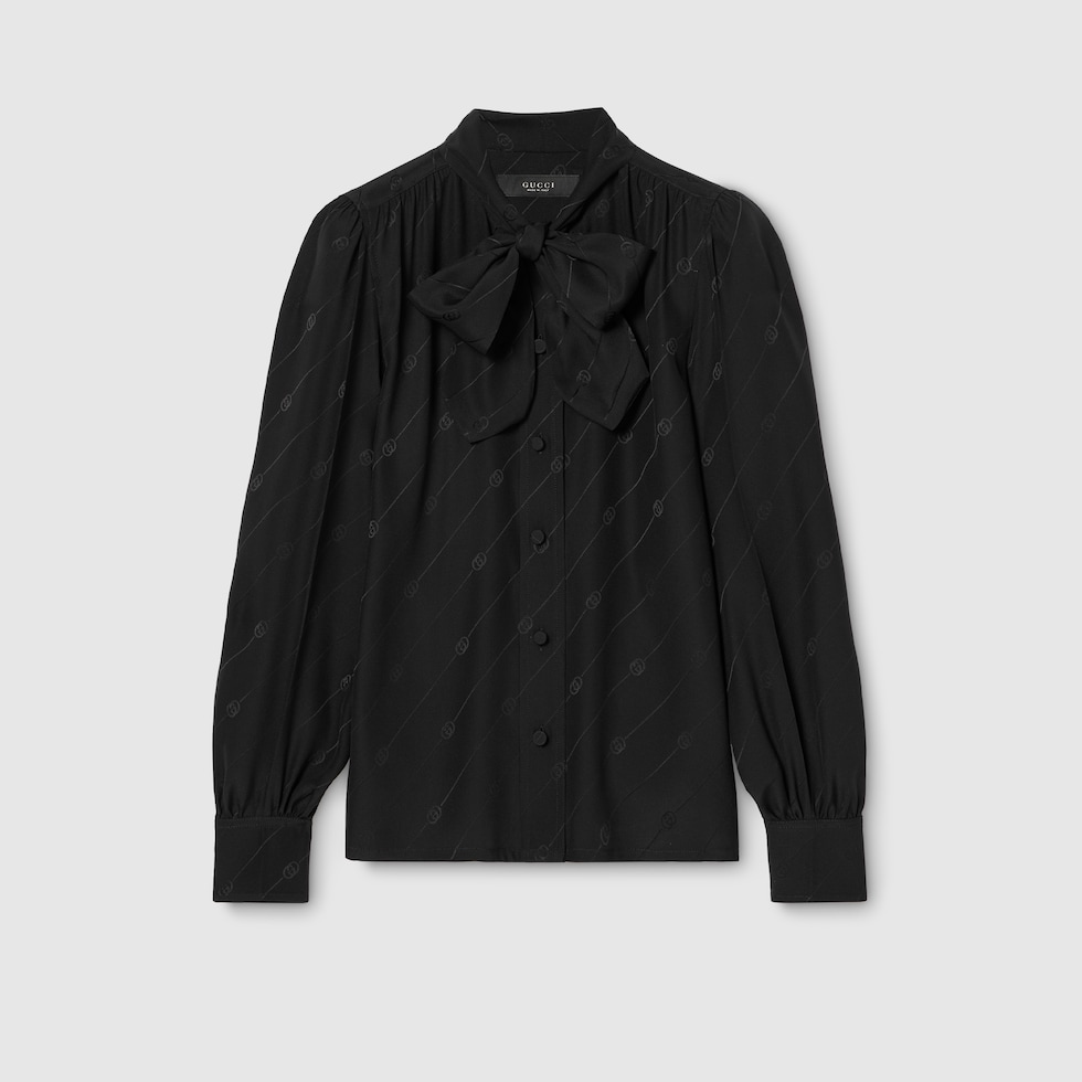 シルククレープサテン インターロッキングG シャツ ・ブラック GG