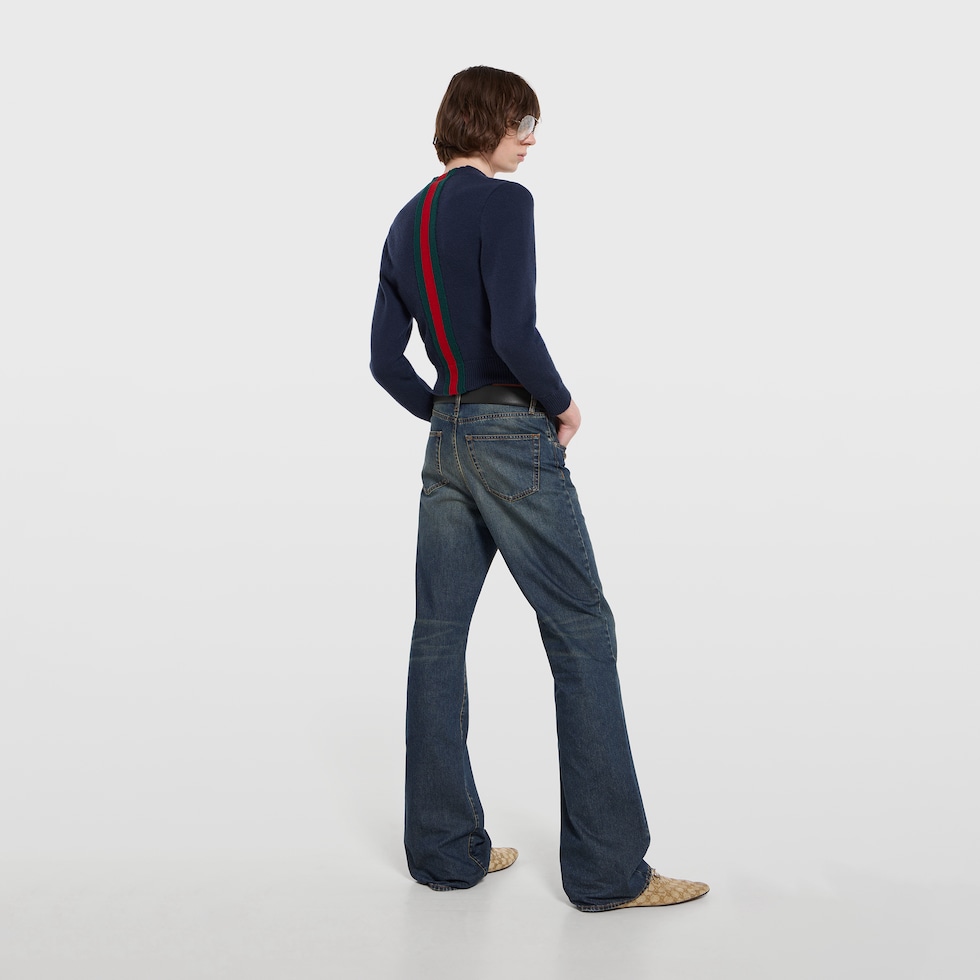 Cotton denim pants with Horsebit detail in blue | GUCCI® US