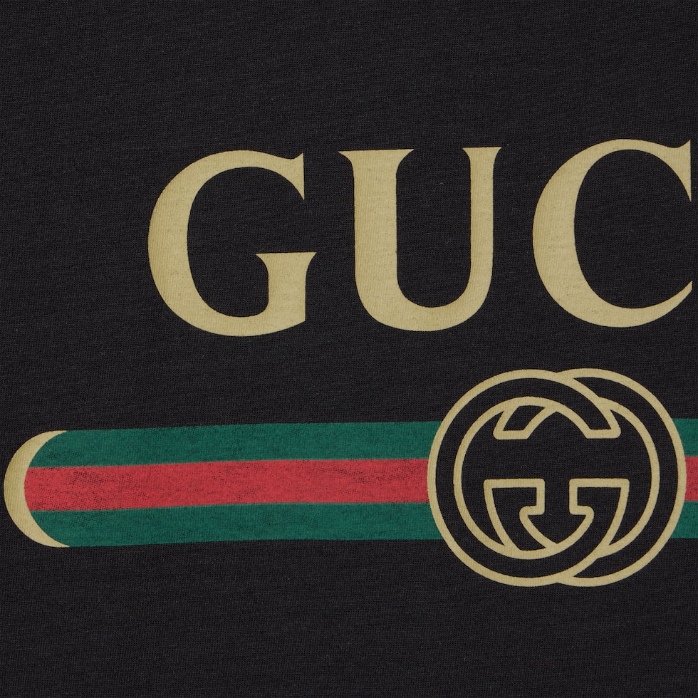 Cotton jersey and silk T-shirt with print in black | GUCCI® US