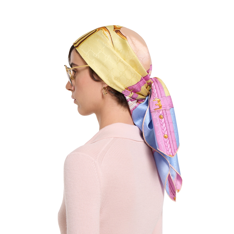 Printed silk jacquard carré in blue and orange | GUCCI® US