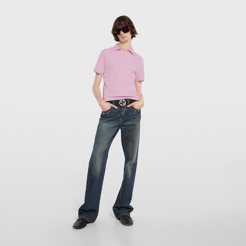 Cotton piquet polo shirt with embroidery in light pink | GUCCI® US